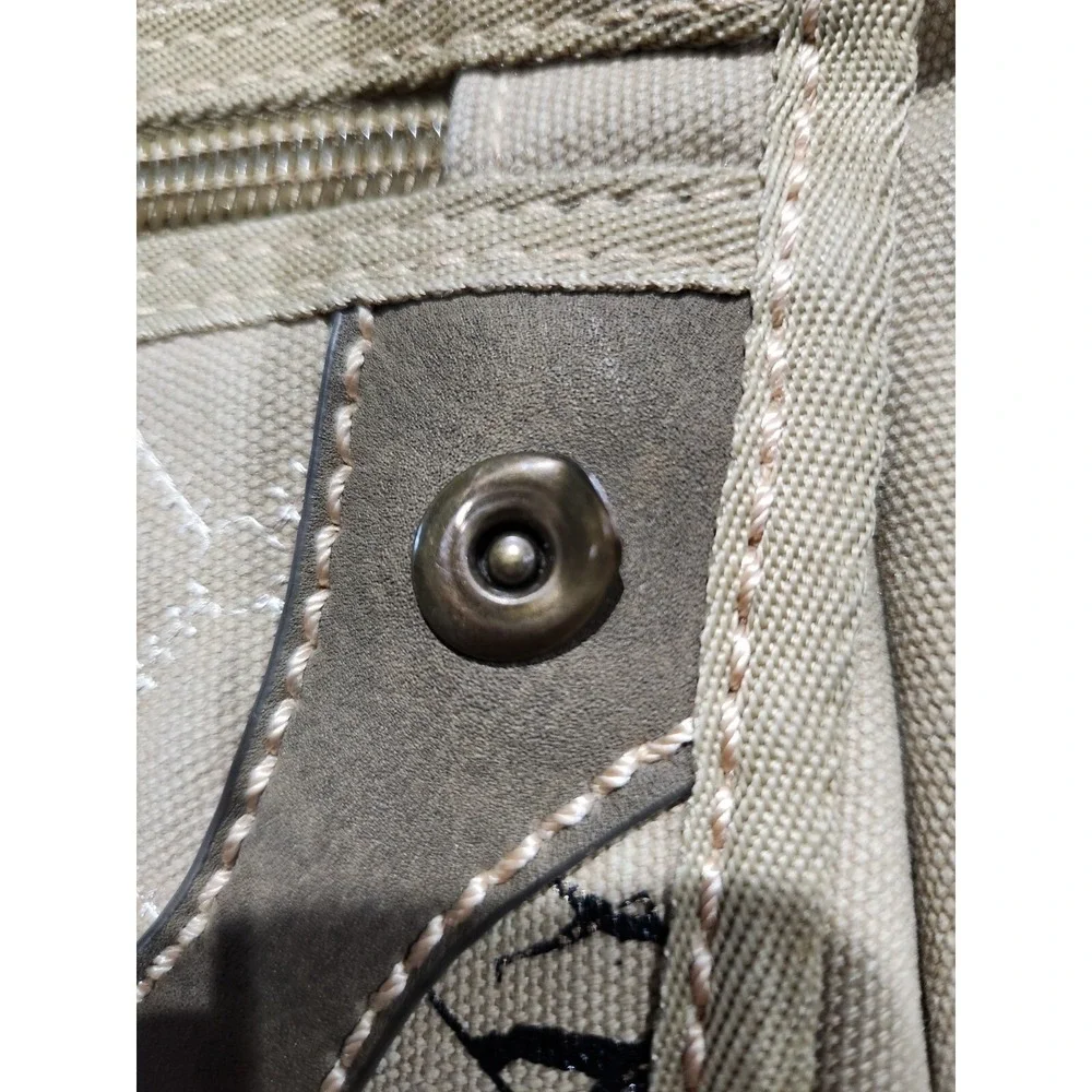 Tan Khaki Canvas Backpack Silhouette Print Multi Pocket Travel Bag